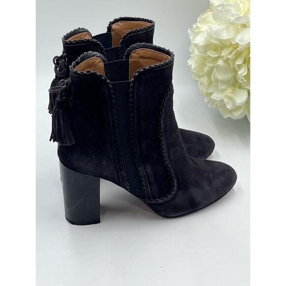Aquazzura Firenze Black Gray Suede Tristan Fringe Ankle Bootie Tassel 37.5,Sz 7 - Picture 3 of 13